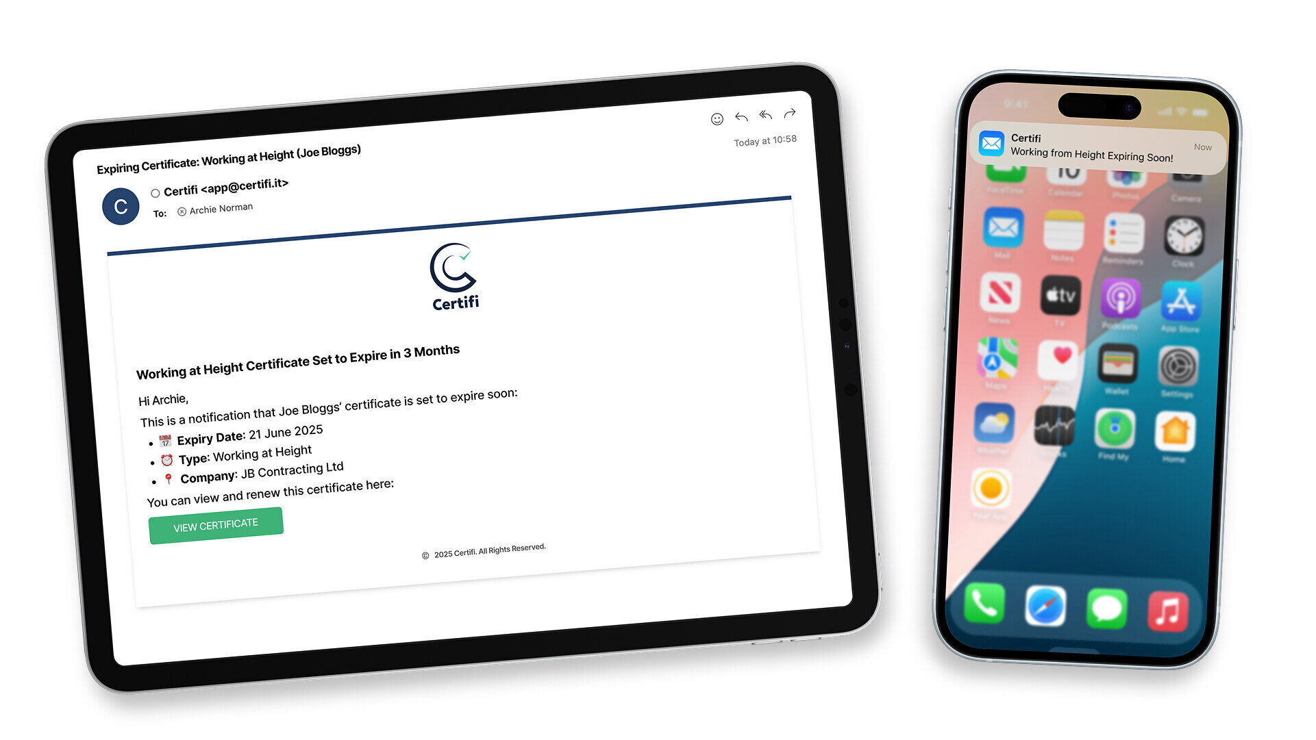 Certifi certificate expiry notifications on ipad and mobile