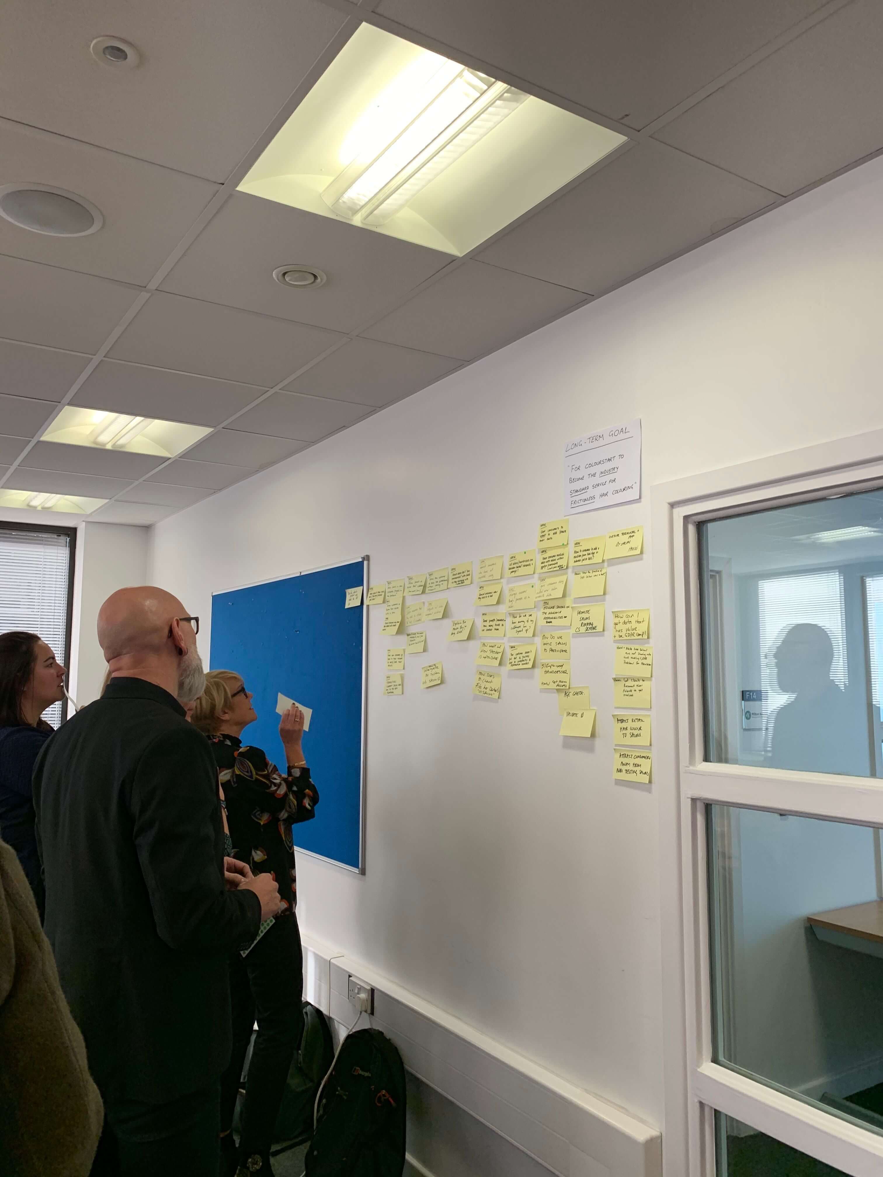 Colourstart stakeholders adding post-its to a wall during the Product Design Sprint