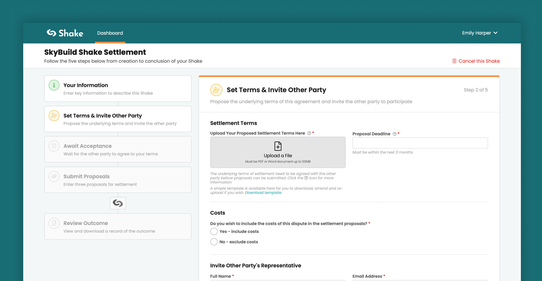 Shake page to enter Settlement Terms for a settlement case