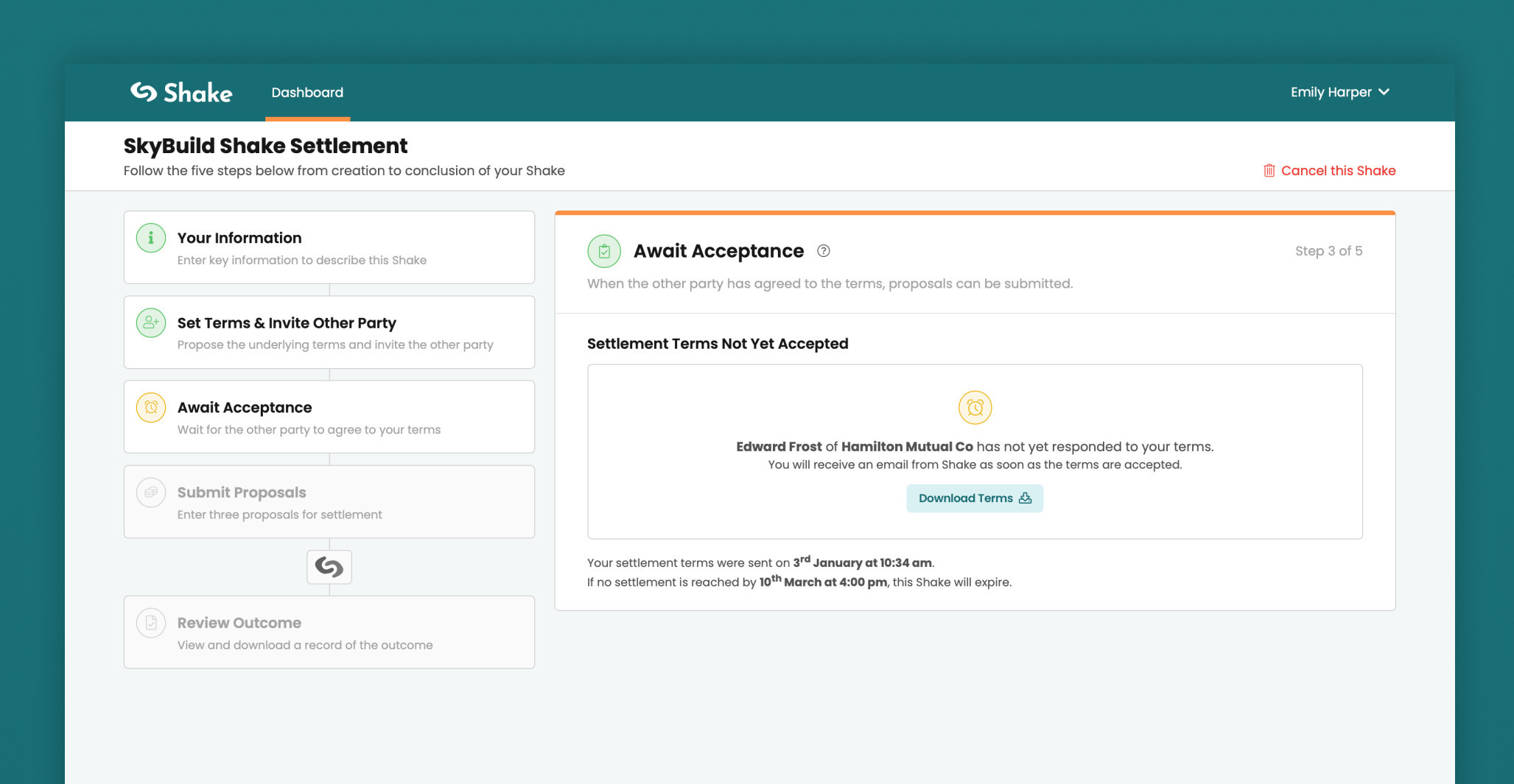 Shake page to Await Acceptance for a settlement case