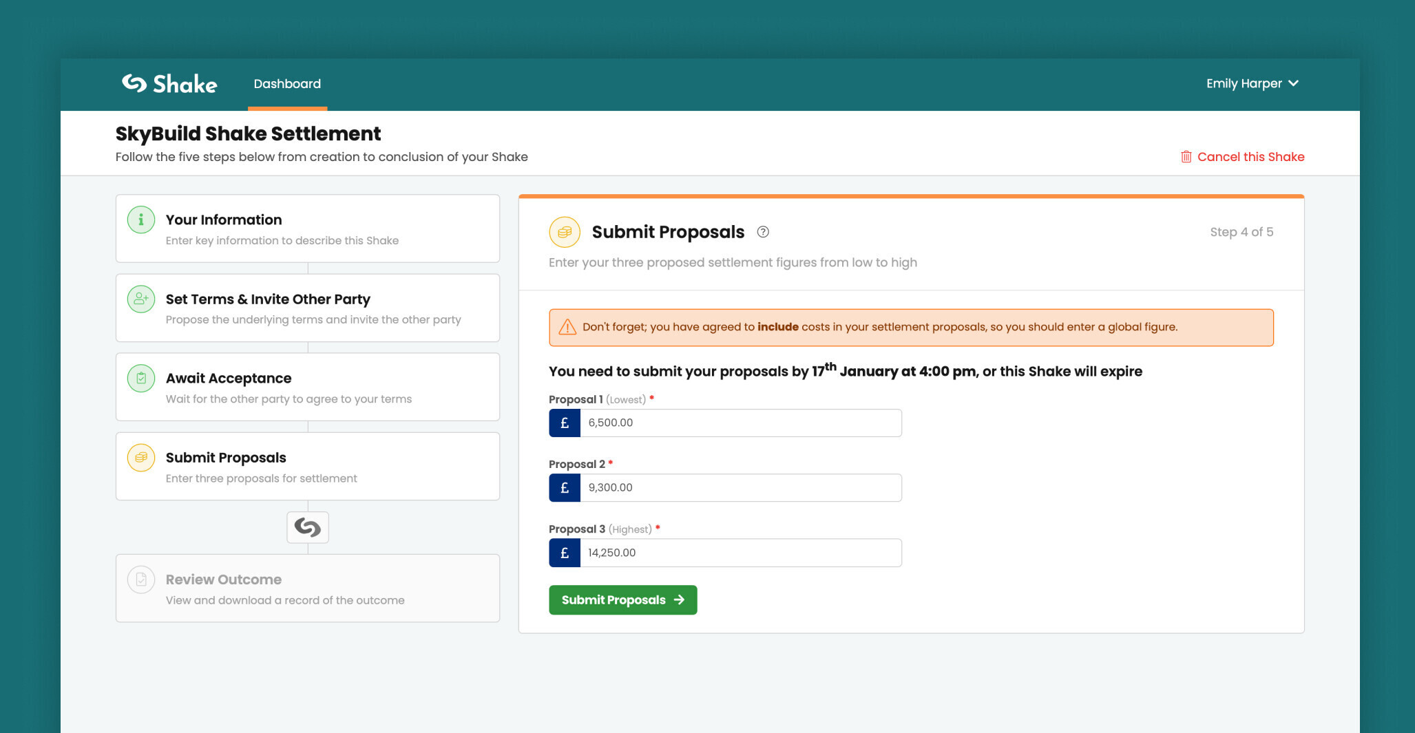 Shake page to Submit Proposals for a settlement case