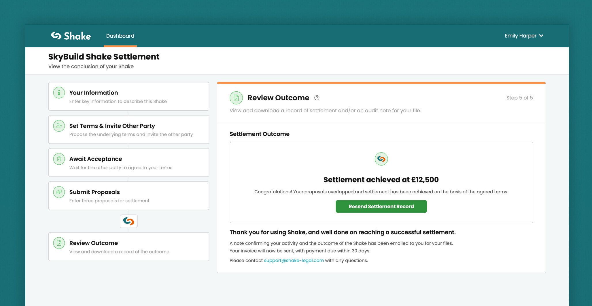 Shake page to Review Outcome for a settlement case